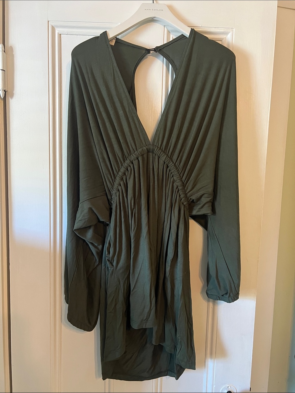 Three Bird Nest Olive Green Long Sleeve Deep V-Keyhole Dress
